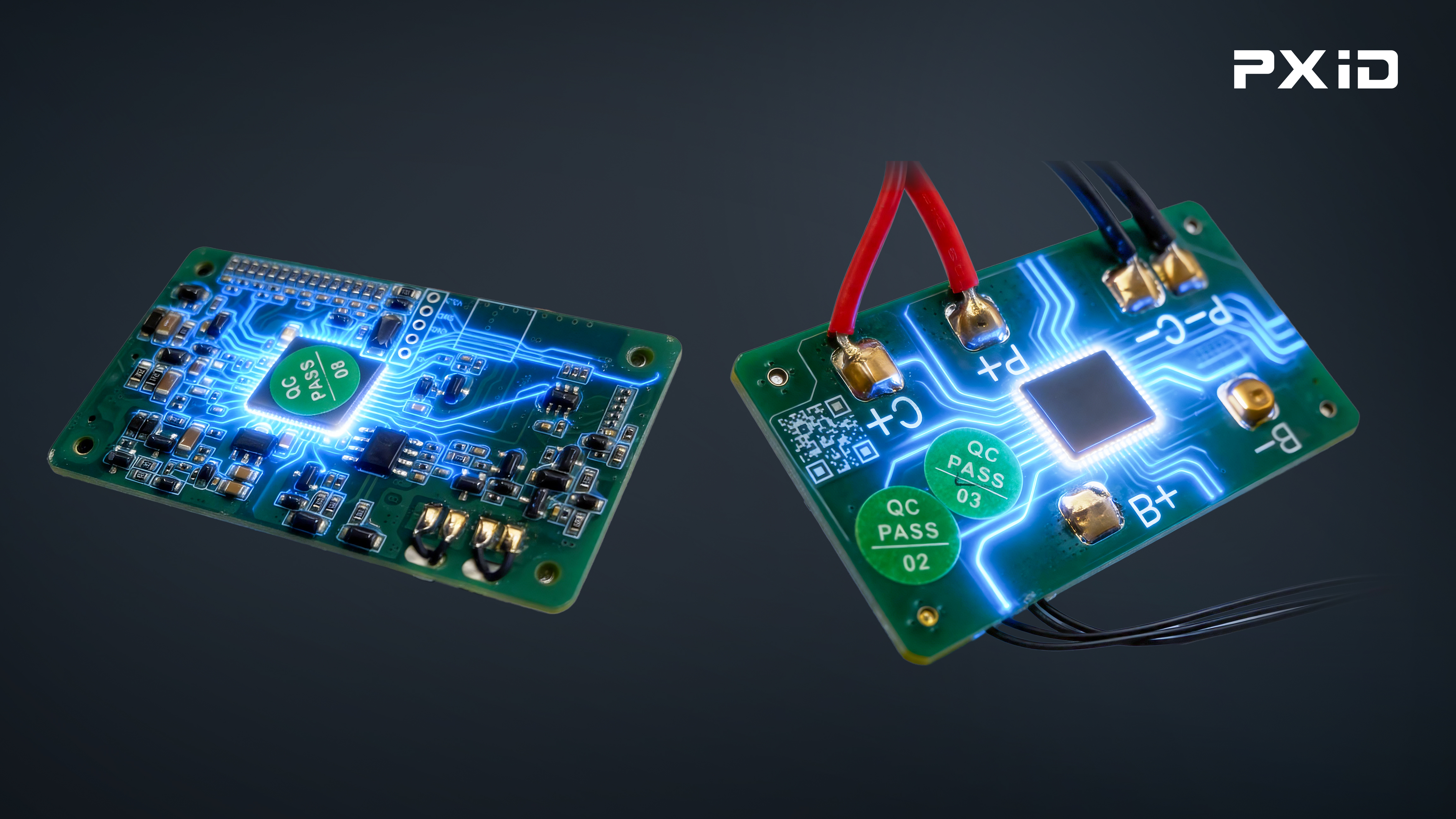 A precision battery protection circuit board with a QC PASS mark, providing overcharge protection, over-discharge protection, short-circuit protection, and temperature monitoring, supporting 24/7 real-time automatic power cutoff protection.