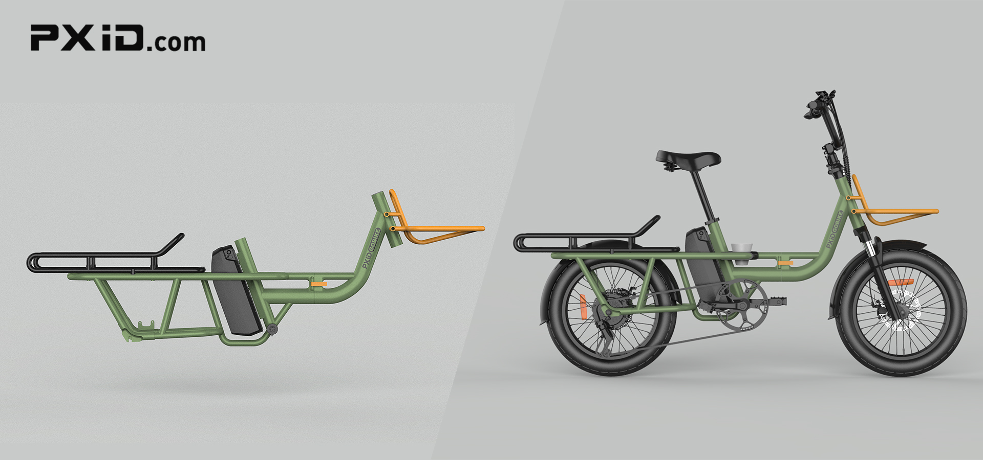 Close-up of PXID's vertically integrated cargo bike frame, showcasing precision welding and high-tensile alloy structure.