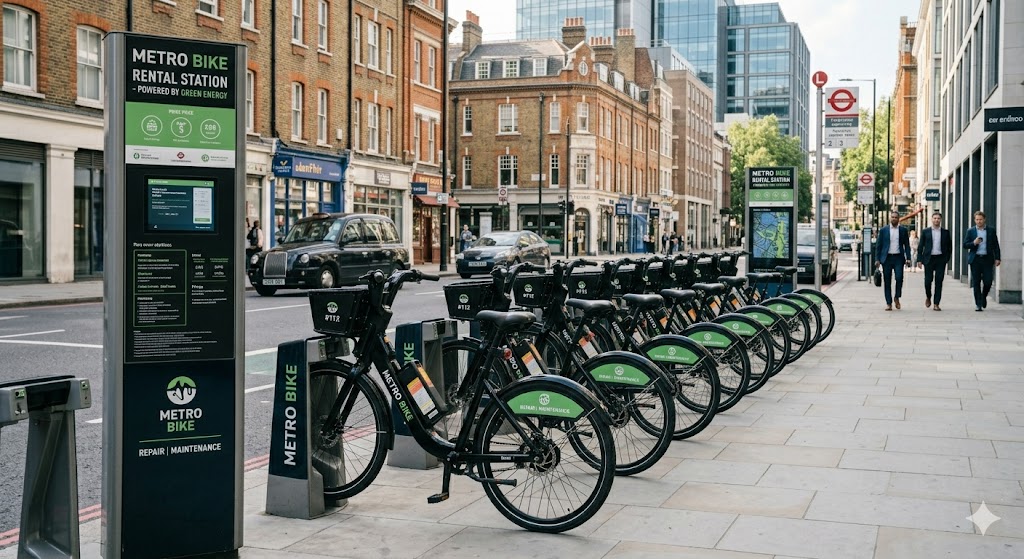 Multiple shared electric bicycles neatly parked on a city street, highlighting fleet management and electric mobility solutions. 