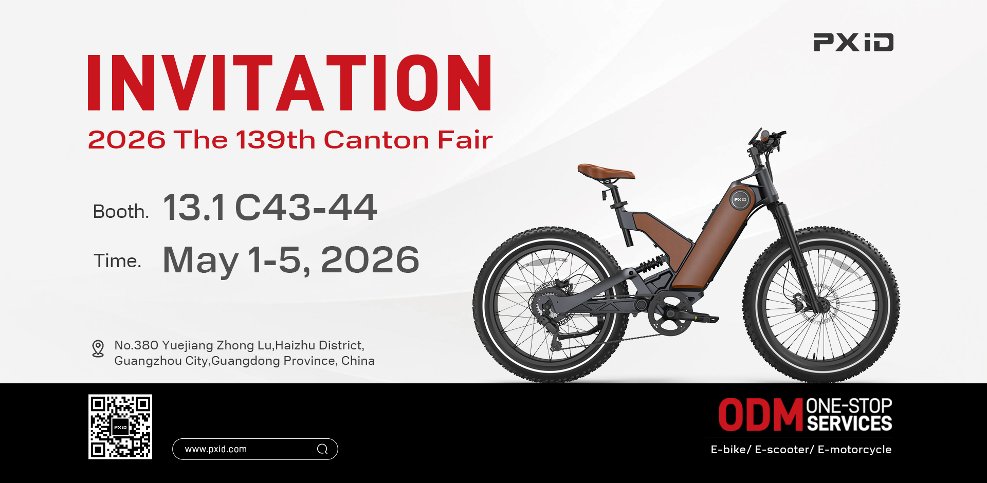 PXID exhibition booth displaying electric bicycles, electric motorcycles, and electric scooters to global buyers. 