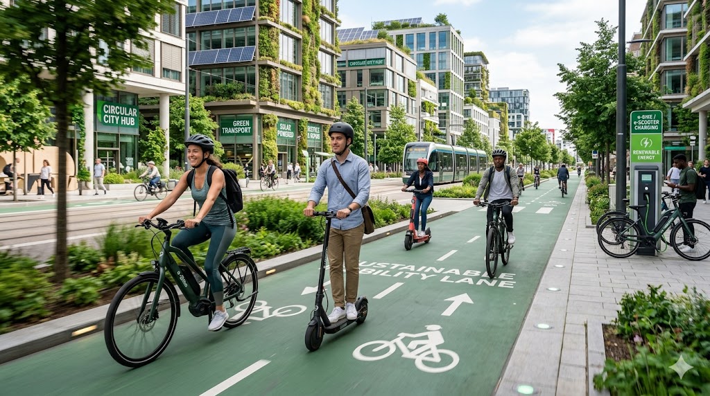 Urban commuters using electric bicycles and electric scooters as part of sustainable and circular mobility solutions.