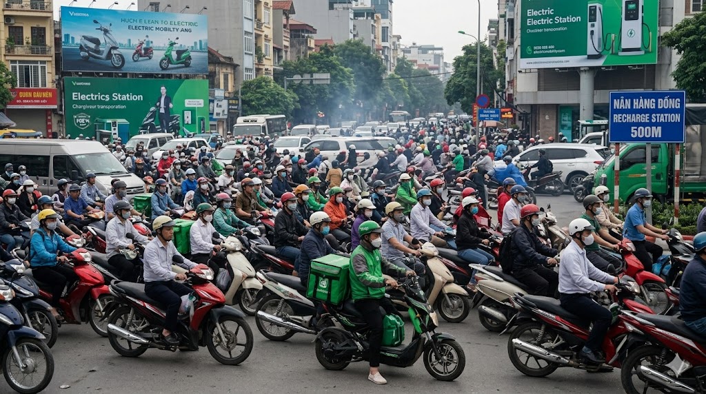 Dense urban traffic with motorcycles and electric scooters in Southeast Asia highlighting demand for electric mobility solutions 