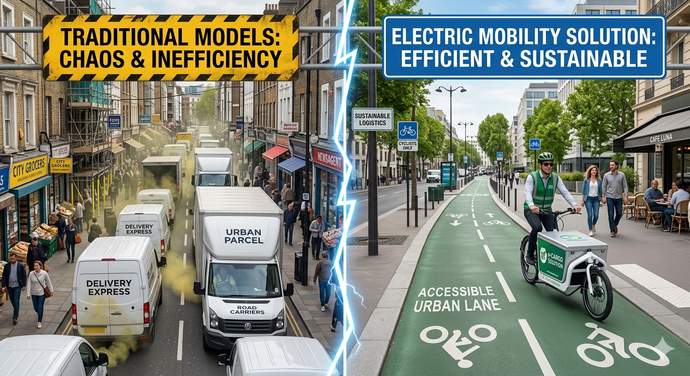 Electric cargo bike navigating city streets for efficient last-mile delivery, highlighting urban logistics and zero-emission transport
