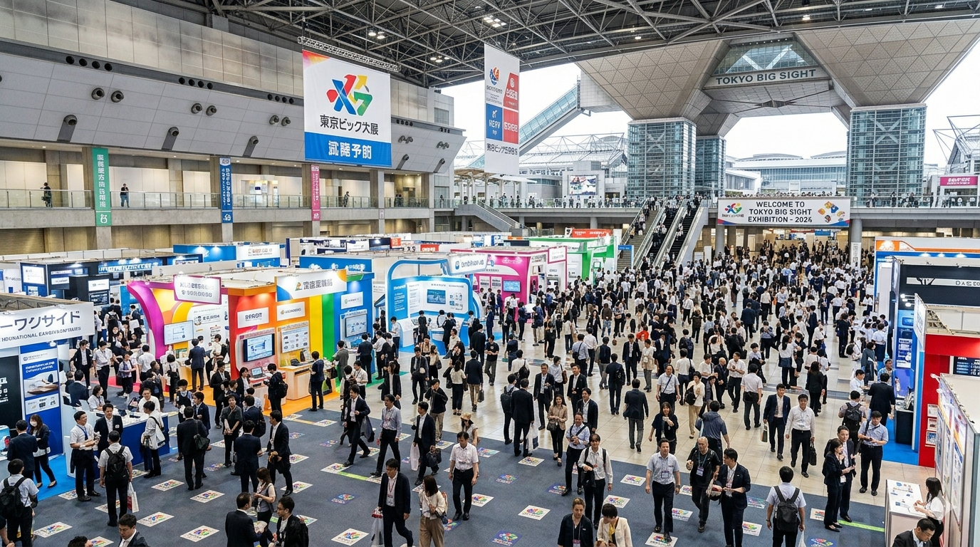 Tokyo Motorcycle Show exhibition hall, two-wheeler industry professionals visiting