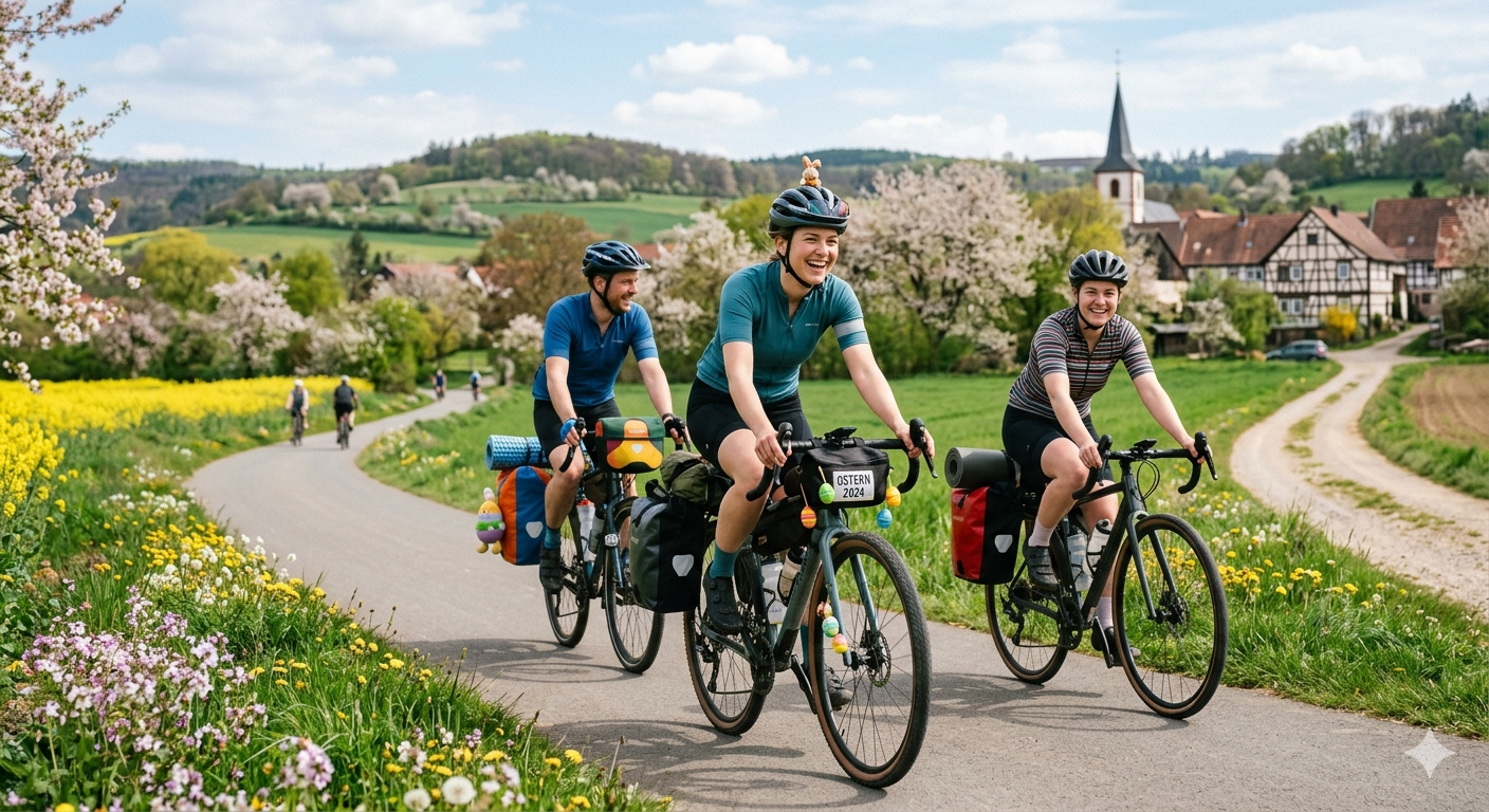 tourists riding electric bikes during Easter holiday travel, showcasing micromobility tourism and eco-friendly short-distance travel with holiday e-bike
