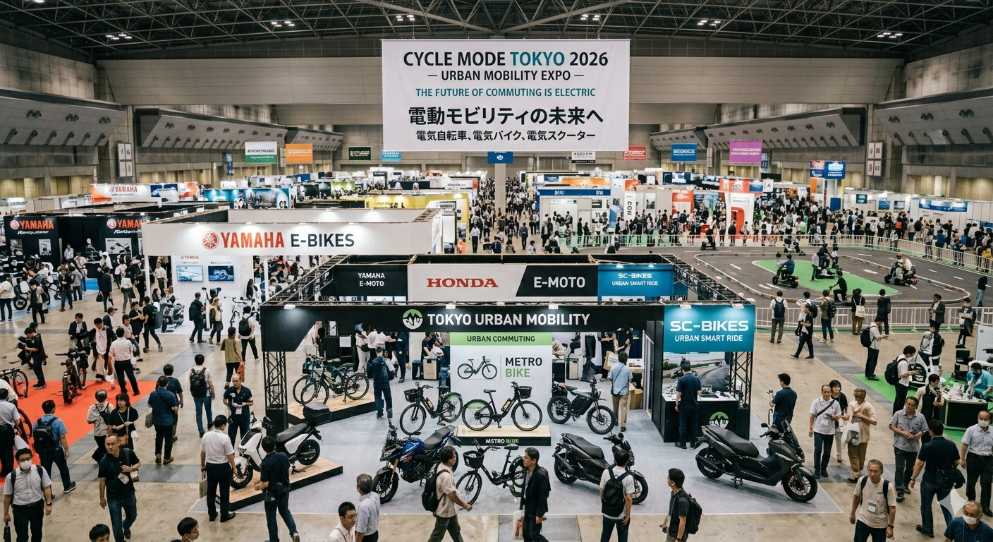 Wide view of CYCLE MODE TOKYO 2026 featuring electric bicycles, electric motorcycles, and electric scooters for urban commuting.