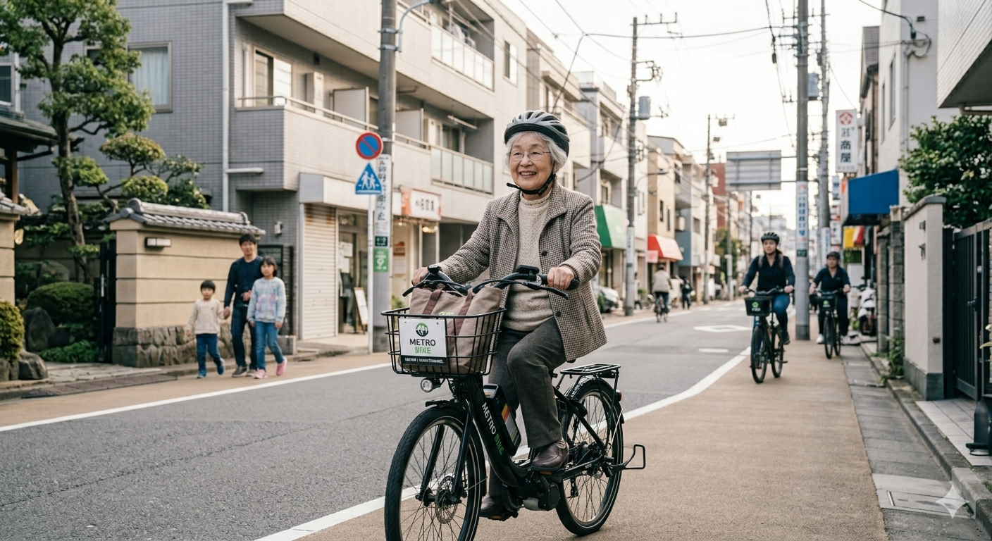 Silver age user riding a safe and comfortable assist electric bicycle in an urban Japanese setting.