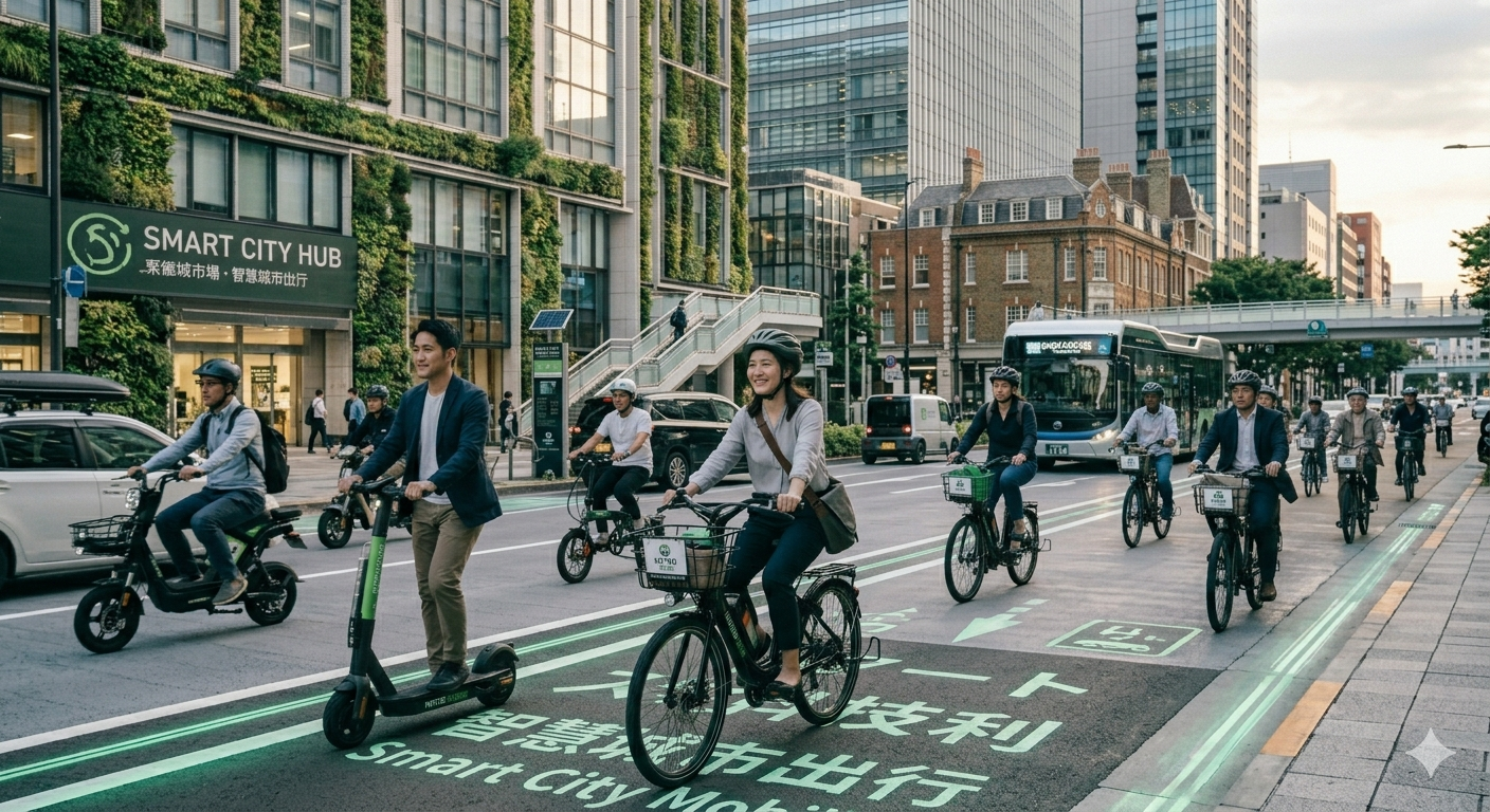 City commuters riding electric bicycles, electric scooters, and urban two-wheel vehicles in dense urban environments.