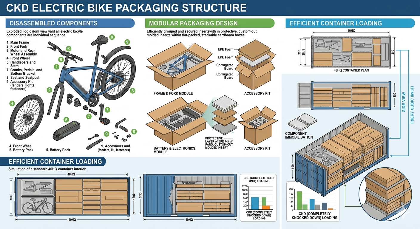 CKD electric bicycle packaging design showing disassembled components for efficient container loading 