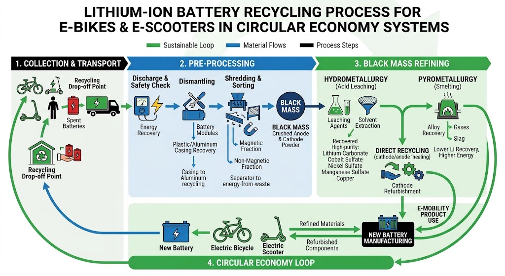 Diagram showing battery recycling process for electric bicycles and electric scooters in circular economy systems. 