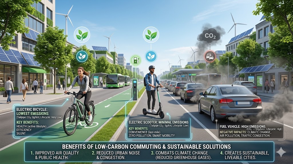 Comparison of carbon emissions between electric bicycles, electric scooters, and fuel vehicles highlighting benefits of low-carbon commuting and sustainable urban mobility solutions