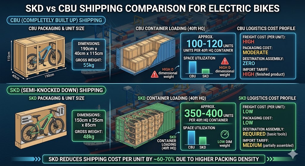 SKD vs CBU shipping comparison for electric bikes highlighting container loading and logistics cost differences 