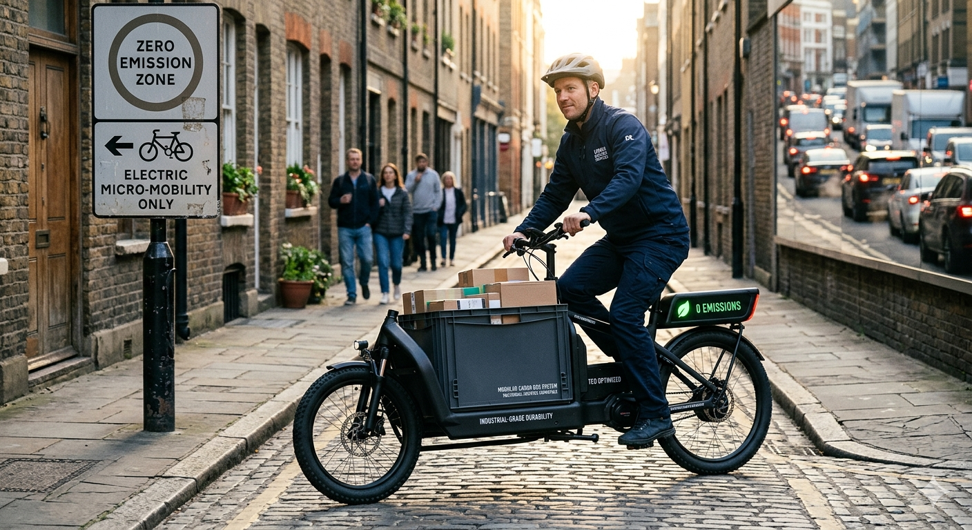 PXID electric cargo bike navigating urban streets for last-mile delivery, improving efficiency and sustainability