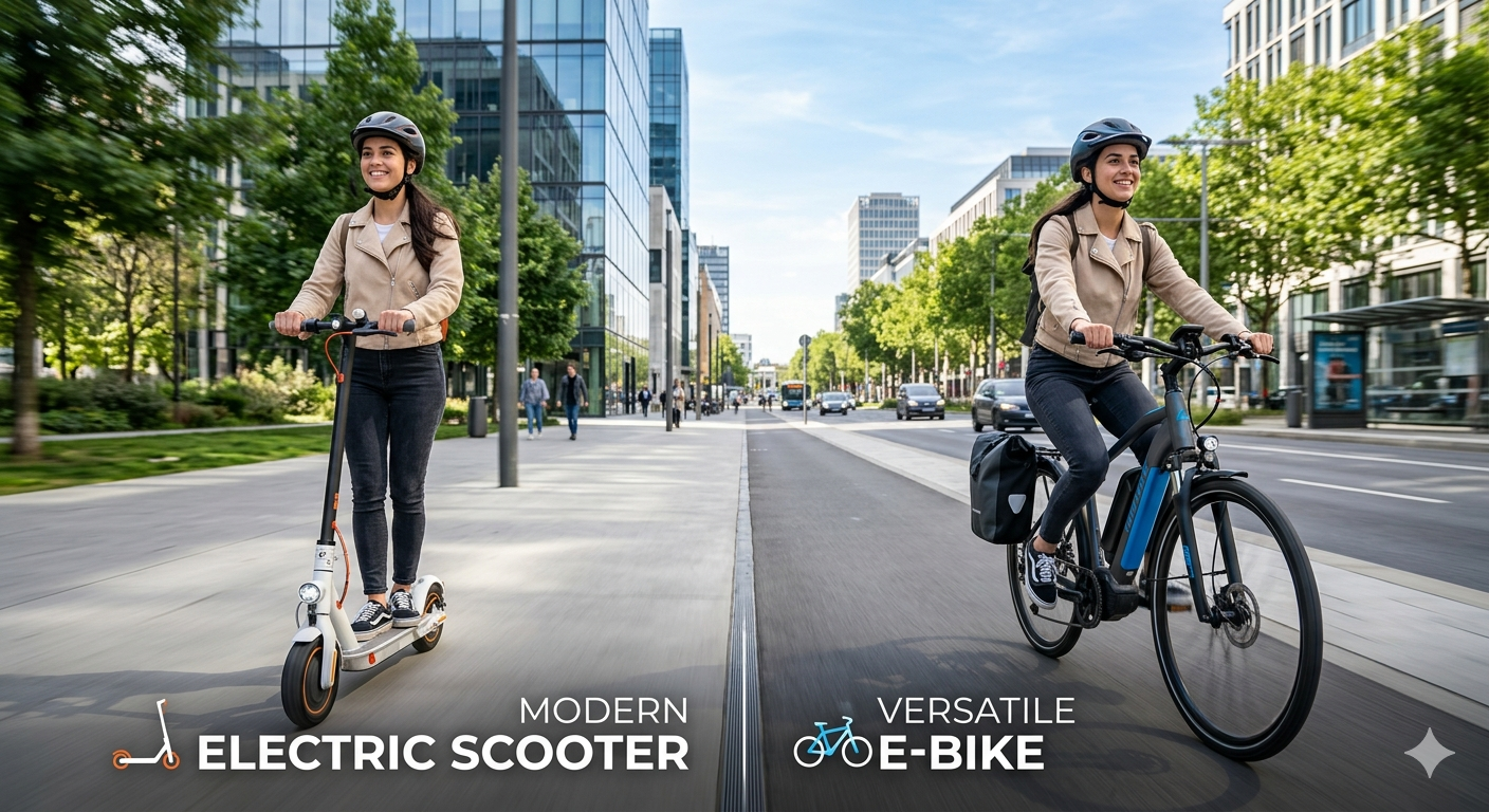 comparison of electric bike for travel and electric scooter for tourism, highlighting micromobility use cases, range, portability, and urban mobility solutions