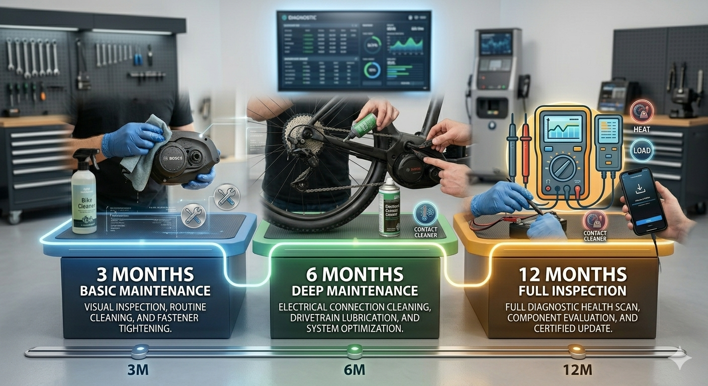 electric motorcycle maintenance schedule showing 3 month, 6 month and 12 month service intervals for motor longevity
