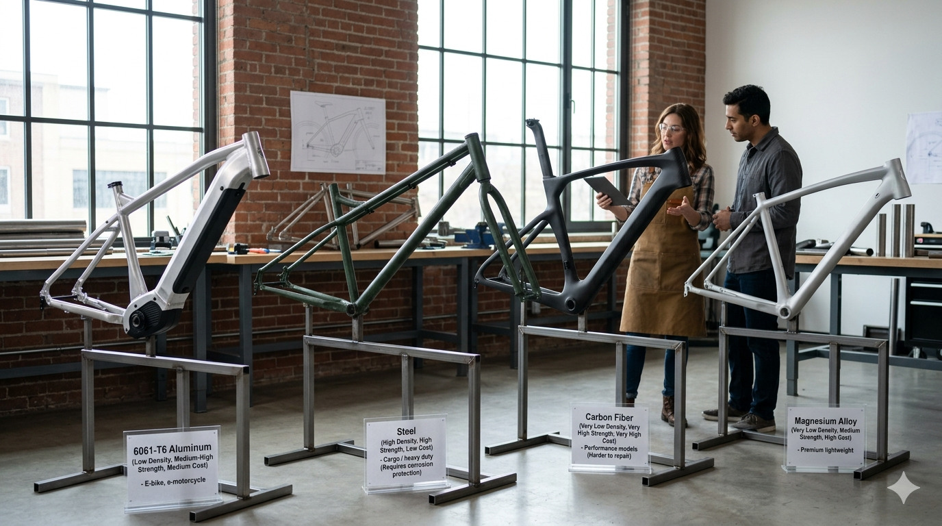 Four electric bike frames made of 6061 aluminum, steel, carbon fiber, and magnesium displayed in a modern engineering workshop with performance data labels.