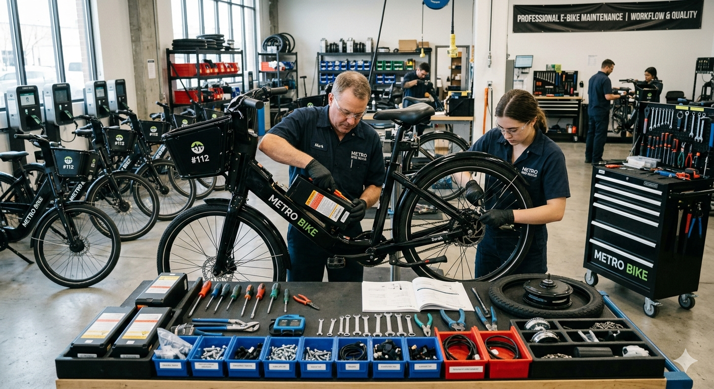 Technicians repairing shared E-bikes with modular batteries and motors, reducing operational costs and enhancing vehicle durability.