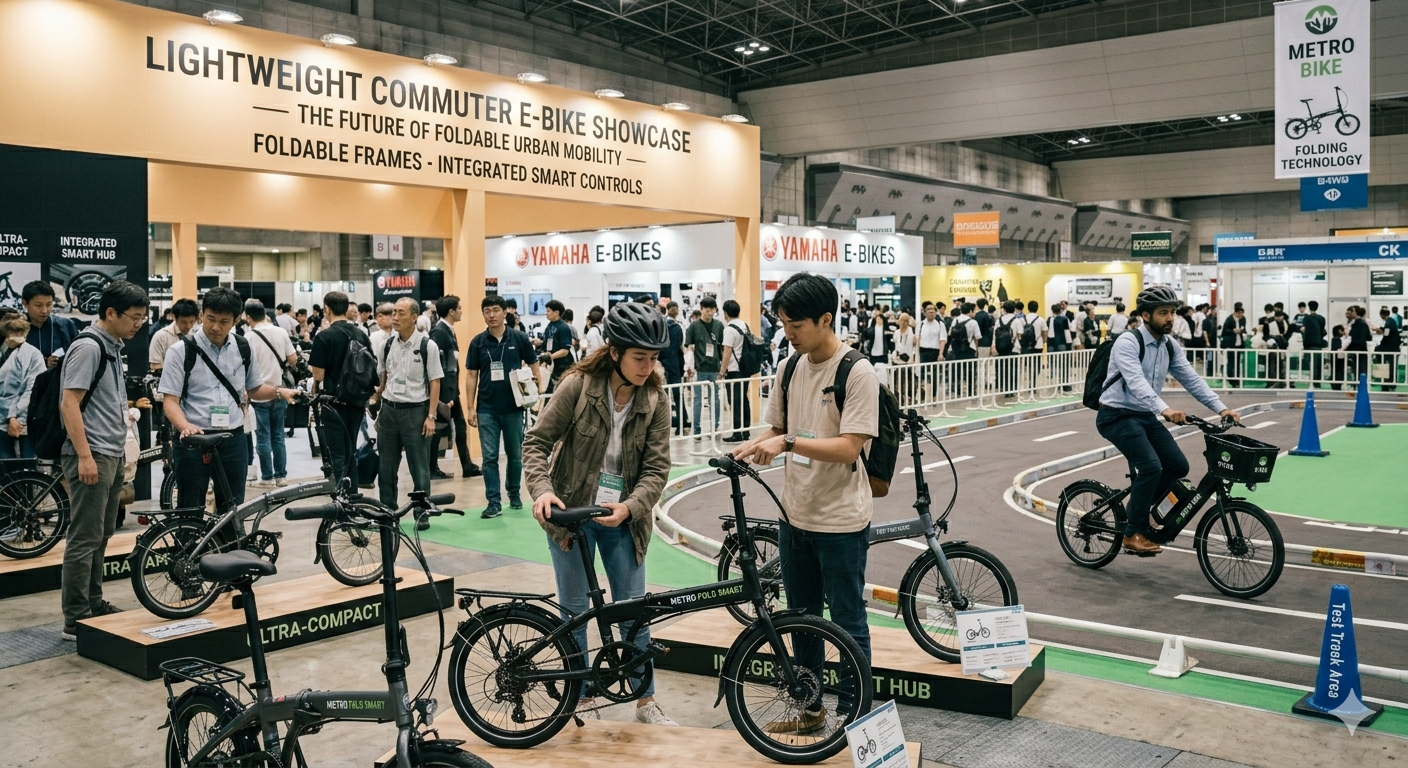 Visitors examining and testing lightweight commuter E-bikes with foldable frames and integrated smart controls.