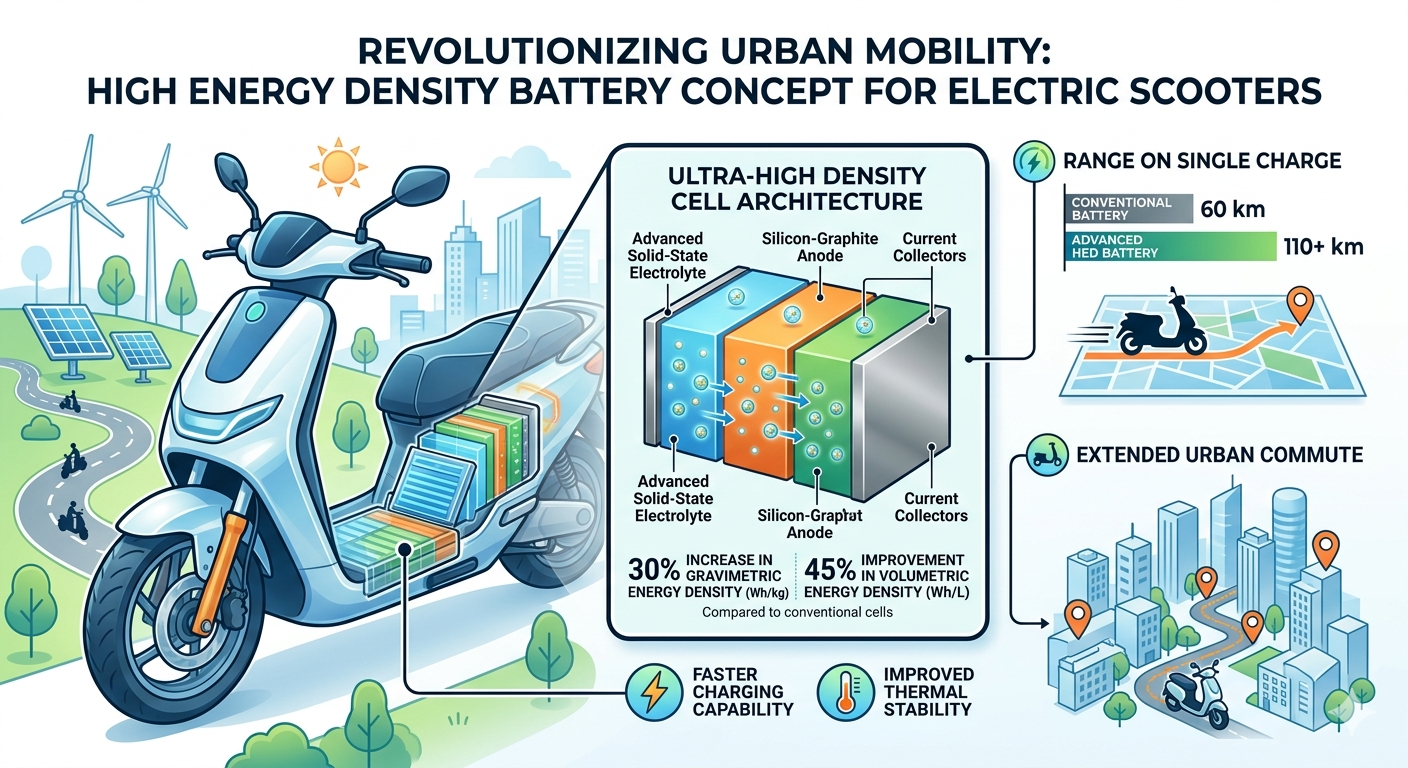  Illustration of high energy density lithium battery technology used in electric scooters to improve range. 