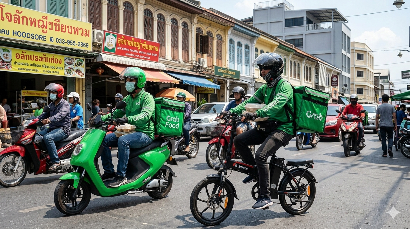 Delivery rider using electric scooter and E-bike for last-mile logistics in urban Southeast Asia 