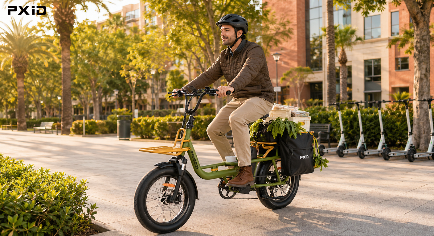 Electric cargo bike used in last-mile delivery and urban logistics for food delivery in dense city environments