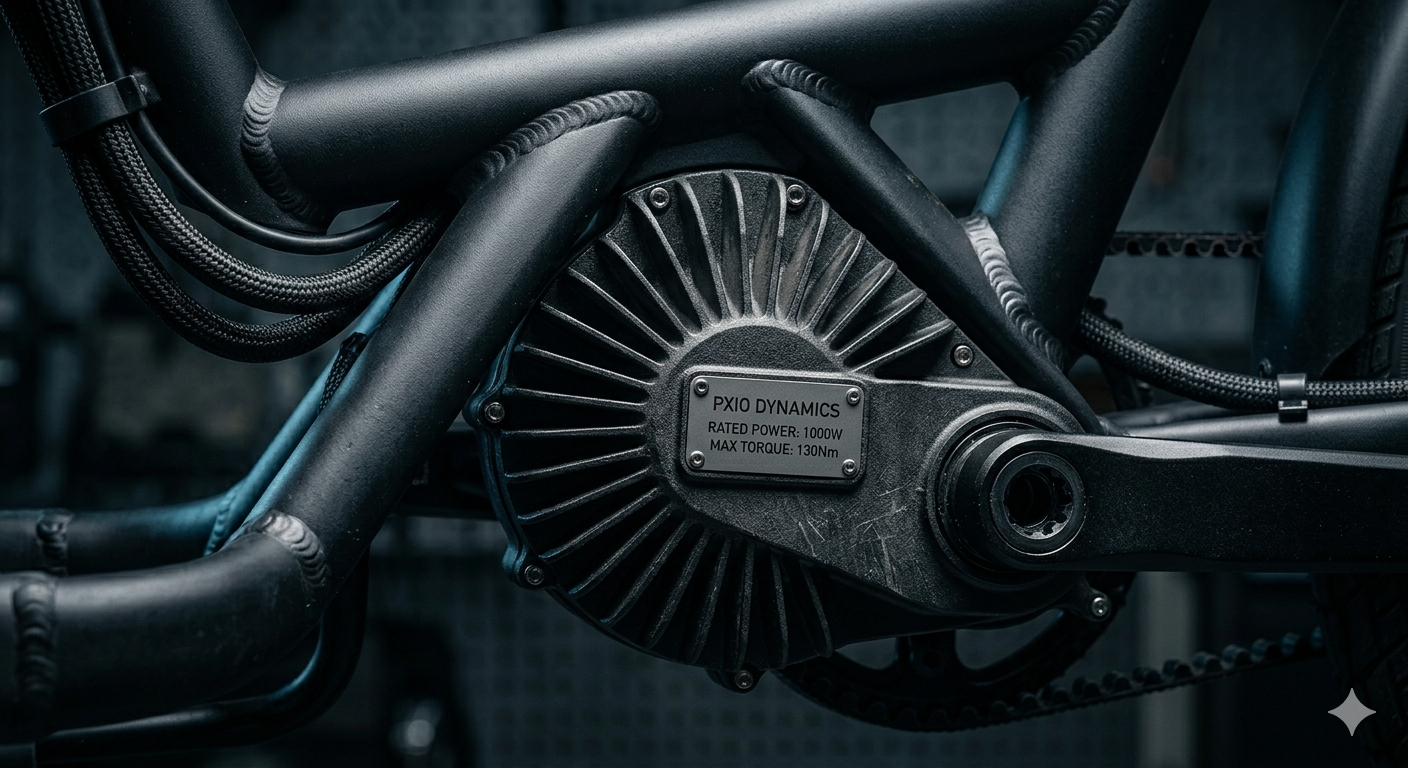 A technical chart comparing Cargo Bike motor types, including hub motors ($350-500$W) and mid-drive motors ($500-1000$W). It details key logistics power specs, torque requirements, and FOC controller advantages for different terrains.