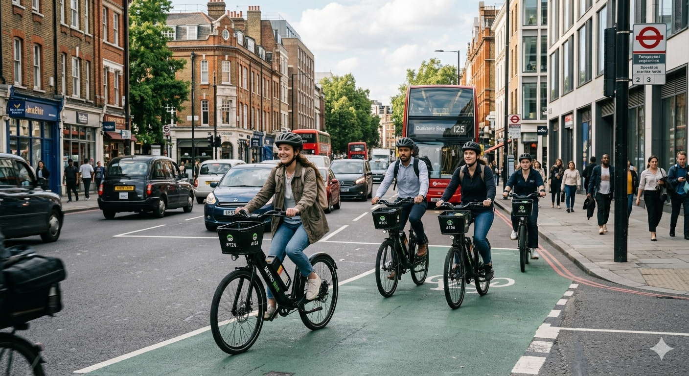 People riding shared E-bikes in a city environment, promoting sustainable electric mobility solutions and low-carbon transport.
