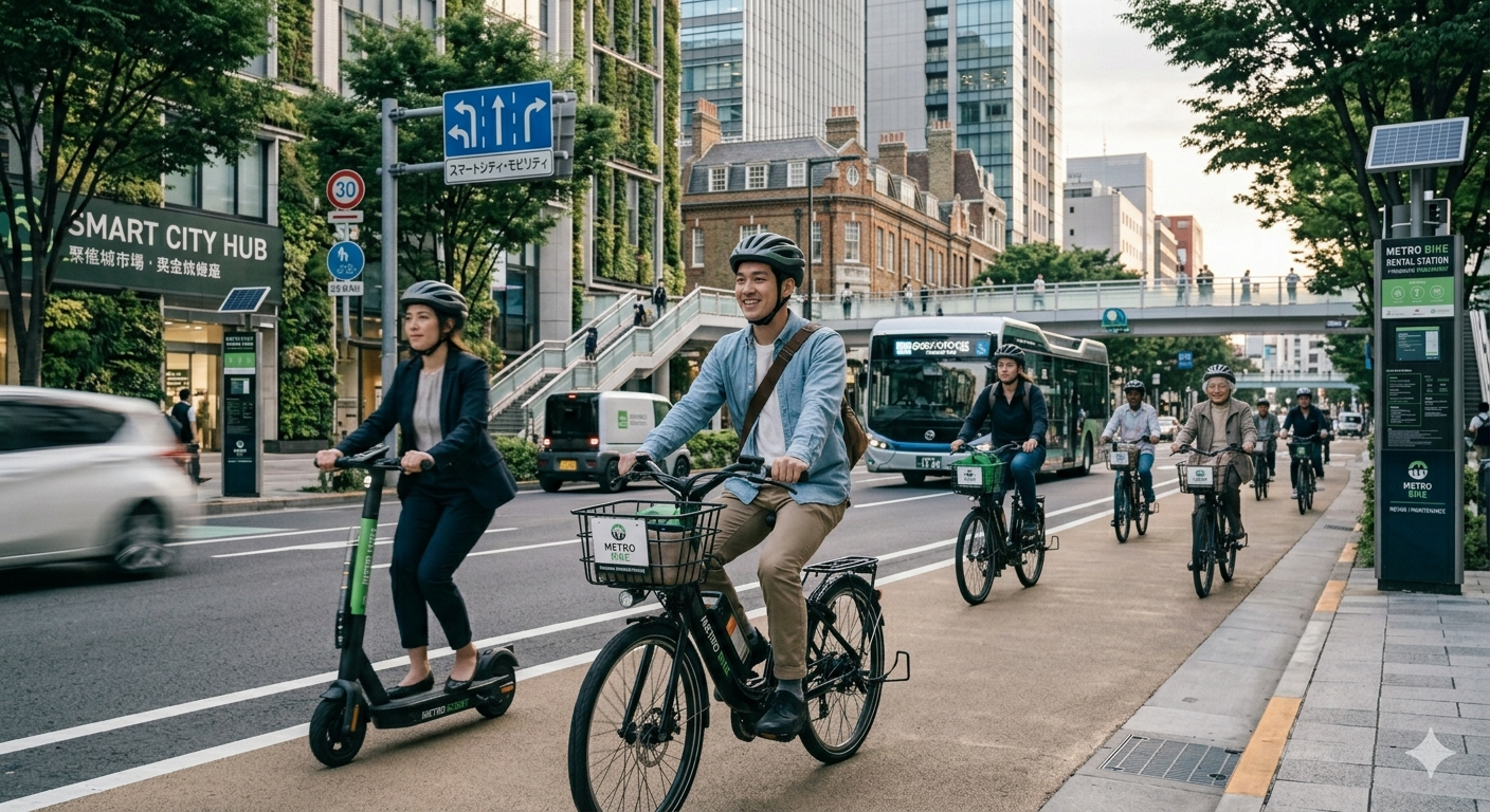 Urban commuters riding electric bicycles and electric scooters, demonstrating efficient and smart city mobility.