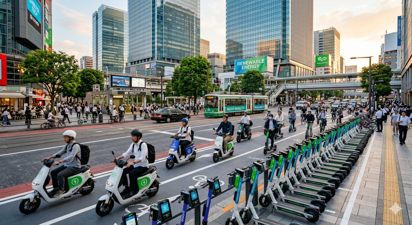 Fleet of electric scooters powered by high energy density lithium batteries supporting urban micro-mobility solutions. 