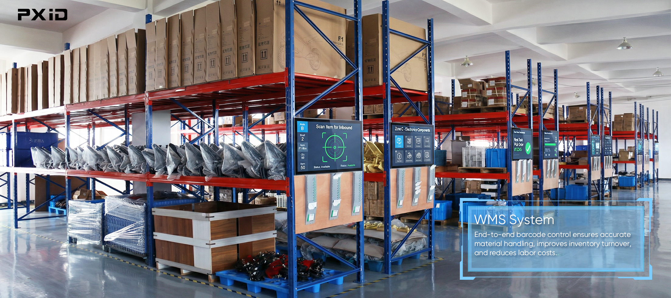 WMS system at PXID supporting barcode-based inventory tracking, warehouse efficiency and cost optimization for ODM/OEM manufacturing