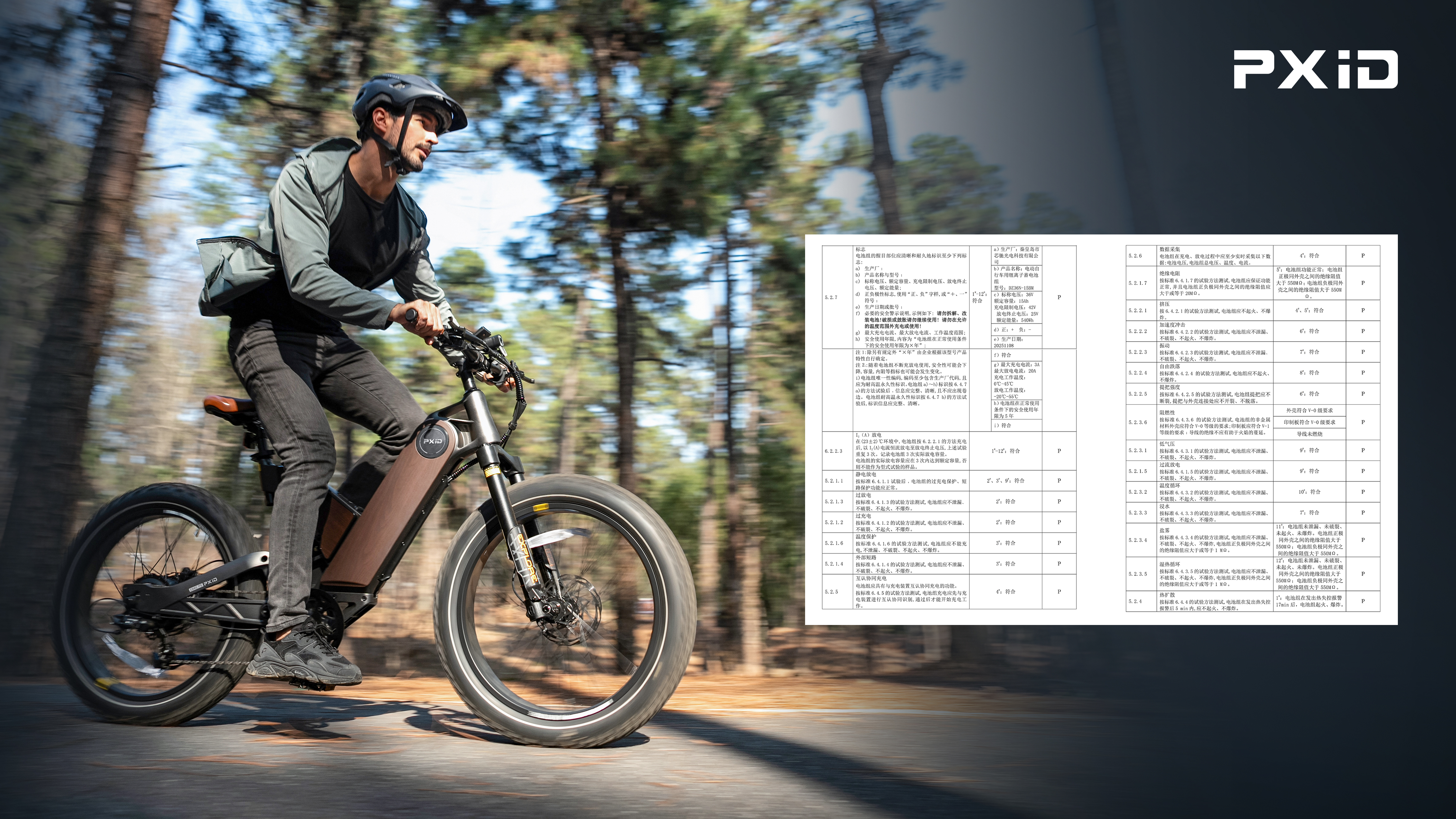Demonstration of PXID lithium battery packs passing mechanical strength tests, environmental adaptability tests, and GB 43854-2024 flame-retardant performance testing, supported by detailed reports and real-world riding scenarios.