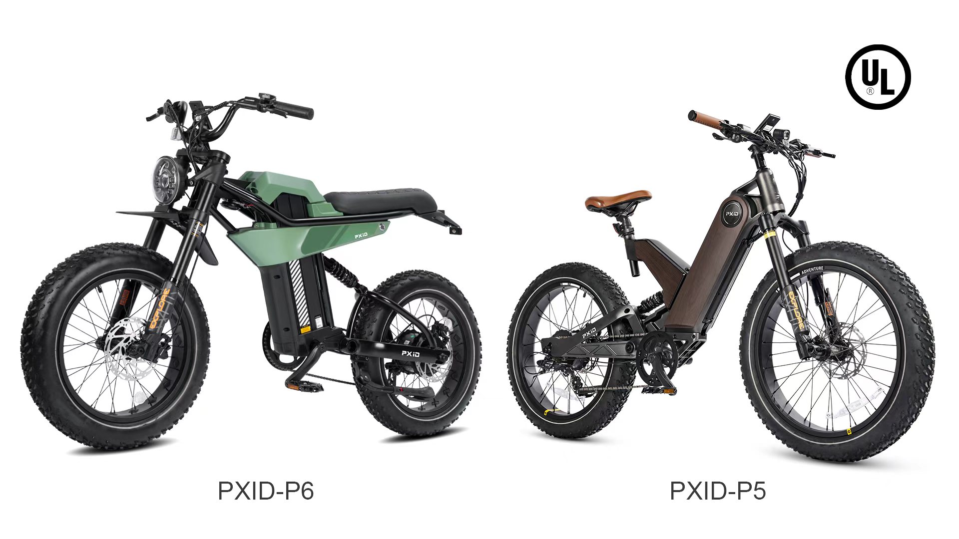 This image presents PXID’s P5 and P6 e-bike models that have obtained UL certification, demonstrating compliance with US safety standards and reliable system performance.