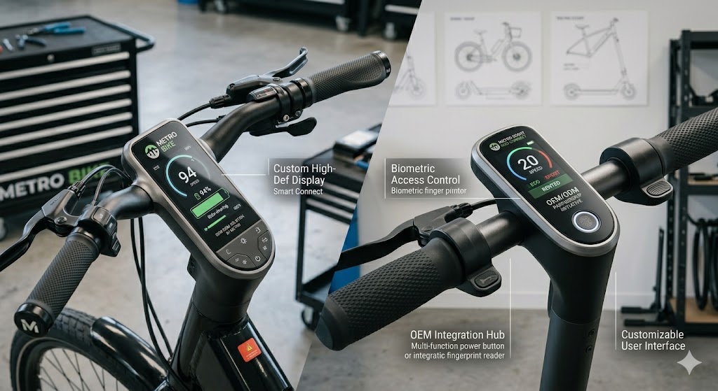 Close-up of integrated smart controls on electric bicycles and electric scooters, emphasizing OEM/ODM electric mobility solutions.