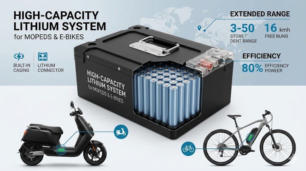 High-capacity lithium battery system used in electric mopeds and E-bikes for extended range and efficiency 