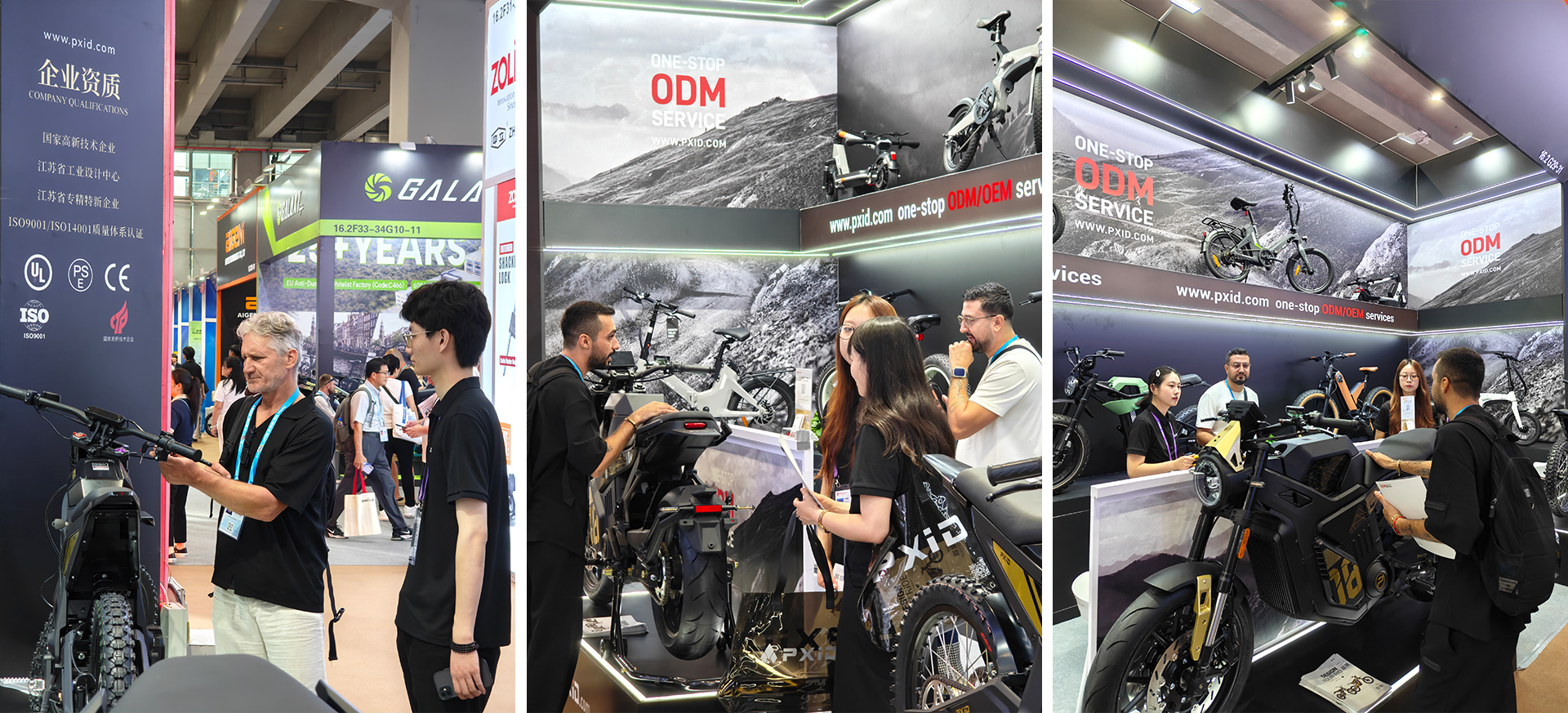 Booth displaying electric bicycles, electric scooters, and electric motorcycles with active buyer interaction 