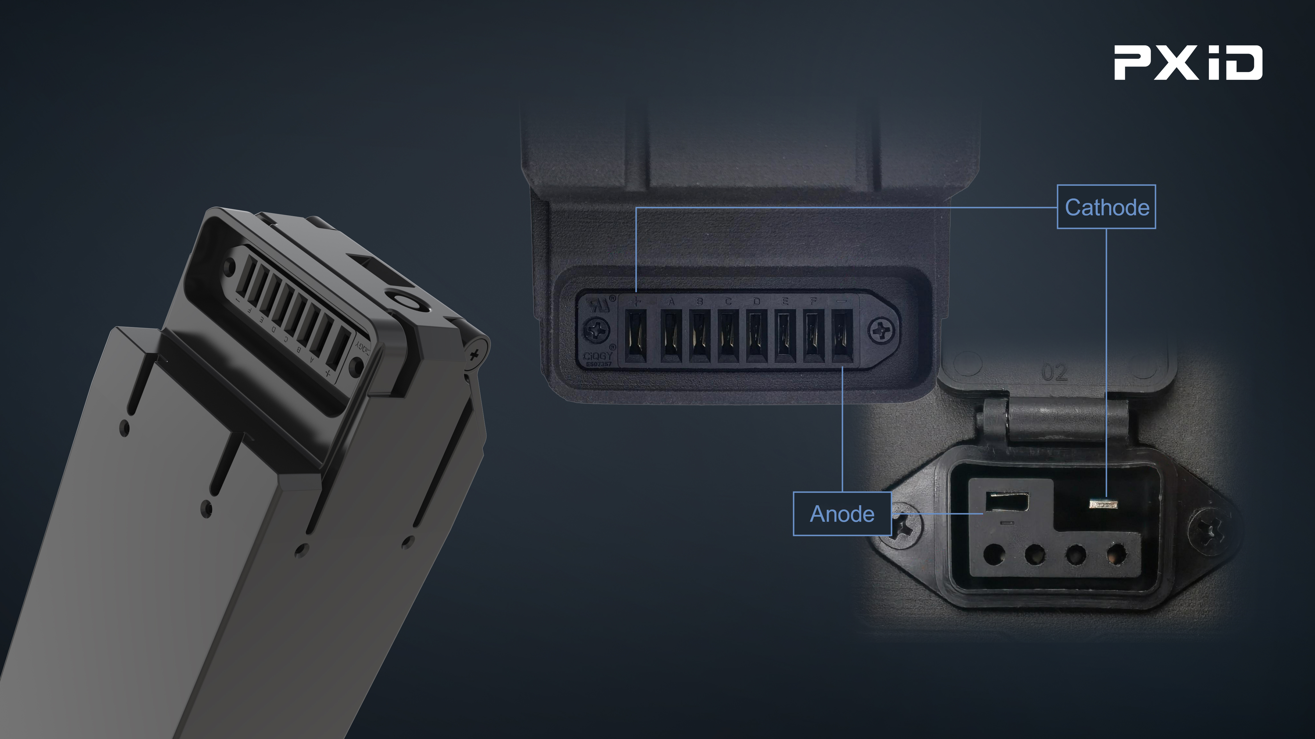 Close-up view of the PXID lithium battery charging and discharging interface, showing clear positive and negative polarity markings and a physical anti-reverse-insertion structure, designed to eliminate short-circuit risks at the source.
