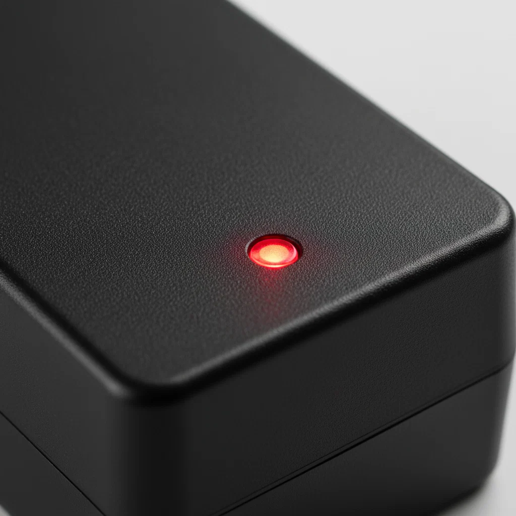 A close-up view of an e-bike charger showing a solid red LED light during the battery charging process.