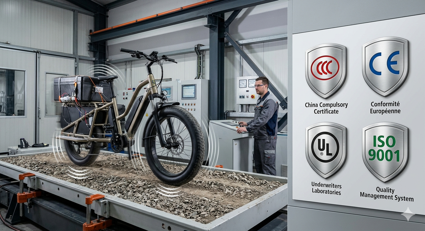 Including certification marks for CCC, CE, UL, and ISO 9001, alongside schematic diagrams of an e-cargo bike undergoing vibration and waterproof testing.