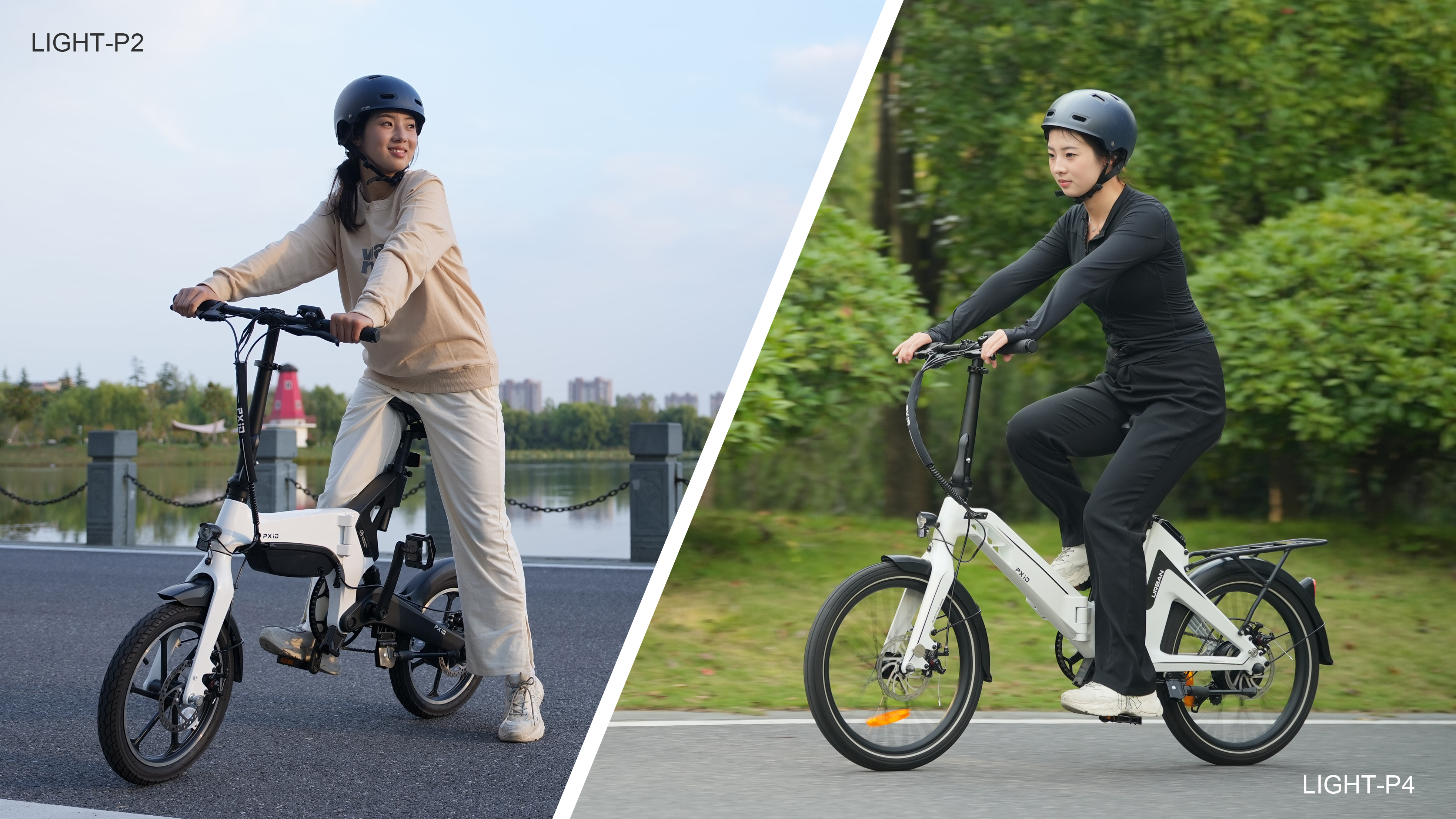 PXID LIGHT P2 and LIGHT P4 foldable electric bikes designed for camping and outdoor mobility, featuring lightweight structure and versatile riding performance.